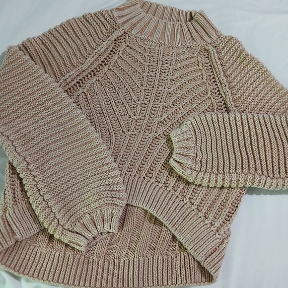 Free People S high-low tan all cotton Long-Sleeved ribbed neck collar sweater - Picture 1 of 11